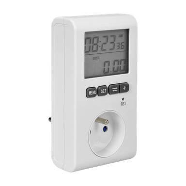 Licznik energii elektrycznej Anslut to cyfrowe urządzenie z ekranem wyświetlającym czas, koszty i inne ustawienia. Posiada przyciski operacyjne oznaczone jako MENU, SET, +, -, oraz RST dla wygody użytkownika. Pod sterowaniem znajduje się europejskie gniazdko zasilania, zintegrowane z konstrukcją.