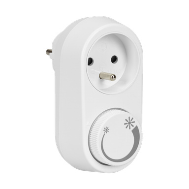 Anslut Dimmer – biały europejski adapter do gniazdka elektrycznego z okrągłym gniazdkiem na górze i dużym okrągłym pokrętłem poniżej, oznaczonym ikonami słońca i płatków śniegu wskazującymi regulowaną temperaturę lub ustawienia timera.