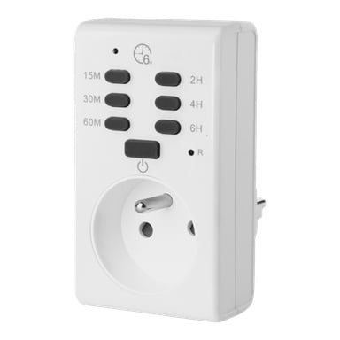 Biała wtyczka Anslut Digital Safety Timer z przyciskiem zasilania, wieloma kontrolkami i regulowanymi ustawieniami timera od 15 minut do 6 godzin. Posiada gniazdko w stylu europejskim i jest zaprojektowany do podłączania bezpośrednio do gniazdek ściennych.