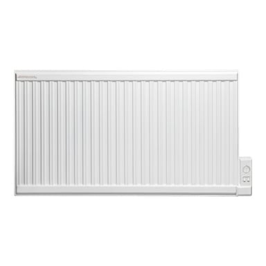 En vit rektangulär oljefylld elektrisk radiator från Gnosjo Klimat är byggd för väggmontering, med vertikala spår över ytan och en kontrollpanel längst ner till höger utrustad med en ratt och två strömbrytare.