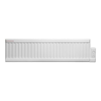 En vit Gnosjo Klimat oljefylld elektrisk radiator designad för horisontell väggmontering, med vertikala åsar, en kontrollratt och två strömbrytare placerade på höger sida.
