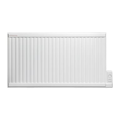 En Gnosjo Klimat oljefylld elektrisk radiator med en rektangulär vit form, vertikala åsar, en temperaturkontrollratt och två strömbrytare placerade på nedre högra sidan.
