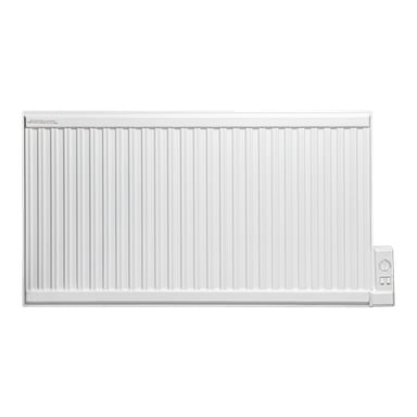 En vit oljefylld elektrisk radiator från Gnosjo Klimat med vertikala åsar och en kontrollpanel nere till höger är monterad på väggen.