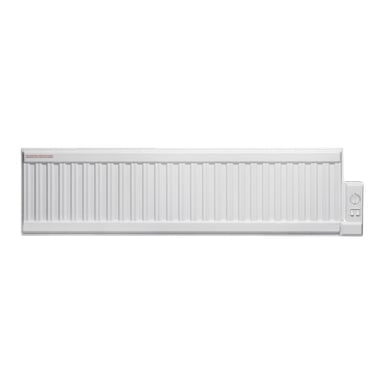 En Gnosjo Klimat oljefylld elektrisk radiator med en vit, väggmonterad struktur, vertikal panel, en kontrollratt och två strömbrytare placerade på höger sida.