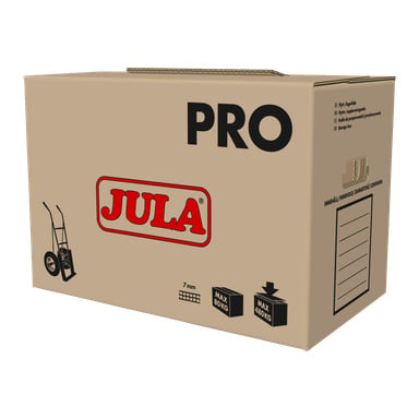 Ruskea pahvista valmistettu Moving box Pro -malli, jossa oli näkyvä punainen Jula-logo, käsikärryn kuvakkeet, painorajat 80 kg ja 40 kg sekä musta tarkistuslista painettuna oikealle puolelle.