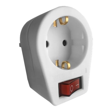 En vit eladapter med två runda hål och mässingskontakter, designad med en vinklad kropp och en röd på/av-brytare märkt med I och O längst fram ner.
