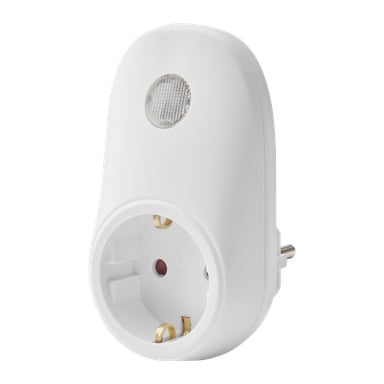 En europeisk vit Anslut Twilight-sensoradapter med ett runt uttag med guldkontakter, en liten cirkulär sensor eller indikator ovanför uttaget och två runda stift som sträcker sig från sidan.