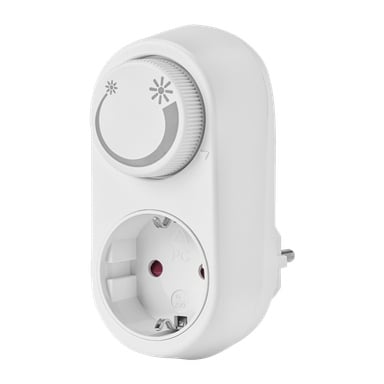 En vit Anslut-dimmer med en framträdande rund urtavla som visade sol- och månsymboler ovanför ett vanligt europeiskt eluttag.
