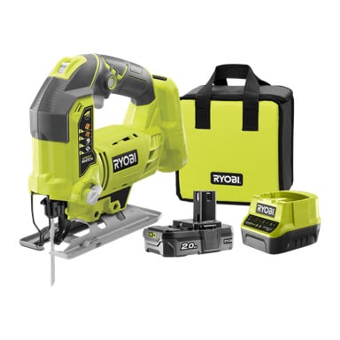 Ein Ryobi One+ Jigsaw R18JS-120S5 Akkubausatz, einschließlich grüner und schwarzer Stichsäge, wiederaufladbarer Akku, Ladegerät und Transportkoffer.