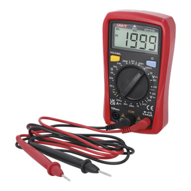 Uni-Trend Multimeter har en röd och svart kropp, visar 1999 på displayen och inkluderar röda och svarta sonder och en vridratt.