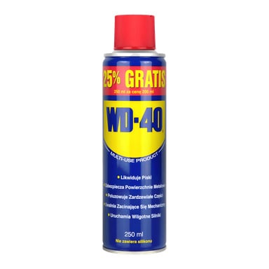 Puszka 250ml sprayu WD-40 Multi-purpose z etykietą z promocją 25% ekstra gratis. Puszka posiada niebiesko, żółte i czerwone oznaczenia WD-40 oraz listę zastosowań.