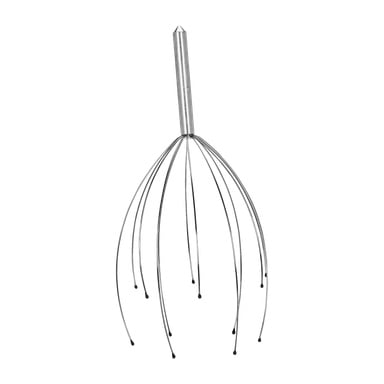 Menuett Head Massager posiada ręczną, cylindryczną rączkę oraz kilka długich, elastycznych metalowych bolców zakończonych małymi czarnymi końcówkami. Jest stworzony, aby masować skórę głowy i zachęcać do relaksacji.