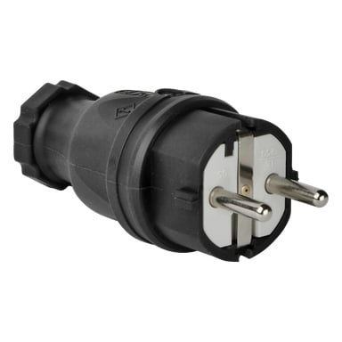 Et nærbilde av Gelia-pluggen, en svart elektrisk adapter med to runde metalltagger og en sylindrisk form.