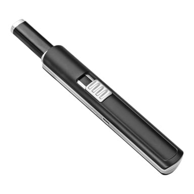 En svart og sølvfarget Menuett USB-lighter med en sentral rektangulær tenningsknapp.