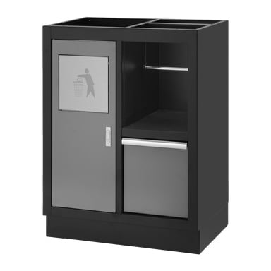 Esittelemme Hard Head Waste Cabinetin, tyylikkään mustan ja hopean kierrätys- ja jäteyksikön, jossa on selkeät osat: toisella puolella on ovi, jossa on roskakuvake, ja toisella puolella avoin hylly avattavan säilytyslaatikon yläpuolella.
