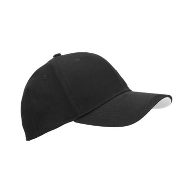 Ein Seitenprofil der Bluewear Pro Workwear Cap, mit einer schwarzen Baseballkappe mit gebogener Krempe und strukturierter Krone mit sichtbaren Nähten. Das Material sieht aus wie Stoff.