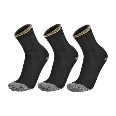 Drei identische Bluewear Work-Socken sind nebeneinander ausgestellt. Die schwarzen Socken haben graue Zehen und Absätze, mit einem gelben Streifen am oberen Ärmel. Das Set besteht aus drei Paaren.
