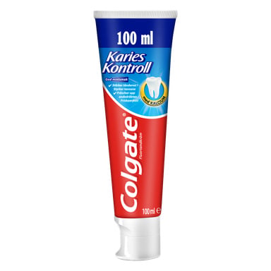 En 100 ml tub Colgate Toothroom Karies Kontroll med blå, röd och vit förpackning framhäver tillsatt kalcium för starkare tänder och friskare andedräkt.