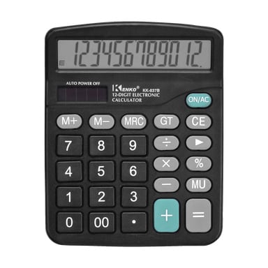 Musta EMW-laskin ilman näkyvää brändäystä, joka näyttää numerot 123456789012 12-numeroisella näytöllään ja varustettu useilla funktio- ja numeronäppäimillä.