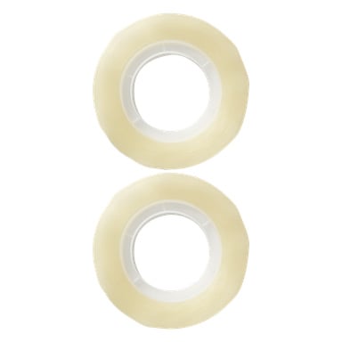 Två klara limbandrullar från No-märket EMW Tape 2-paketet, var och en med en vit plastmitt, staplas vertikalt ovanpå varandra.