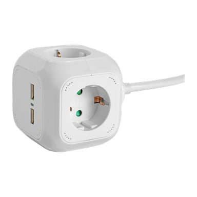 En hvit, kubeformet Anslut-strømstripe har flere europeiske stikkontakter, to USB-porter og en tilkoblet hvit strømkabel.