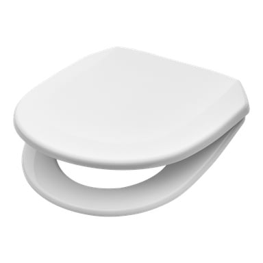 En vit plast-IDO-toalettstol med en stängd, modern och minimalistisk design.