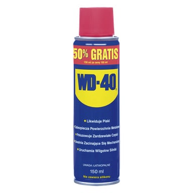 Puszka 150 ml sprayu WD-40 Multi-purpose z czerwonym nakrętką podkreśla na etykiecie ofertę 50% darmową i wymienia zalety, takie jak powstrzymanie skrzypania i ochrona metalowych powierzchni; Określa się również, że produkt nie zawiera silikonu.