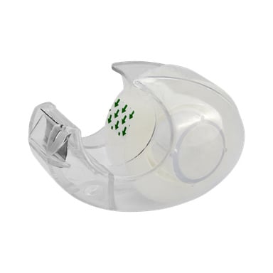 En tejphållare från No brand EMW, som visar en klar plastbehållare med en rulle transparent tejp med gröna pilar i änden.
