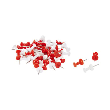 En pakke med 50 kartpins med røde og hvite plasthoder, vist som en haug med tre individuelle pins liggende i nærheten.