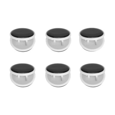 Seks magnetiske klips 6-pakning med svarte runde lokk og hvite plastbaser arrangert i to rader med tre stykker.