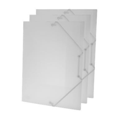 Tre gjennomsiktige plastmapper fra No brand EMW Elastic Band Folders 3-pack er stablet, med strikk som holder hjørnene på plass. Mappene er litt feiljustert, og viser de overlappende kantene.