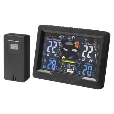 Stacja pogodowa Marquant Wireless pokazuje temperaturę wewnątrz/na zewnątrz, wilgotność, czas oraz ikony prognozy pogody. bezprzewodowy sensor pokazuje 22,4°C na wyświetlaczu LCD, a oba ekrany są przezroczyste.