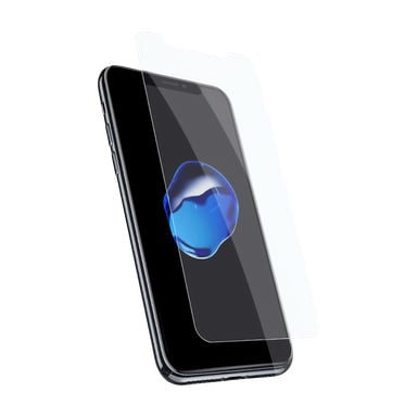 Ett transparent Holdit-skärmskydd för iPhone XR/11/12/12Pro visas placerat ovanför en smartphone med en blå abstrakt bakgrundsbild som illustrerar skyddets exakta passform över enhetens skärm.