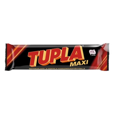 Cloetta Tupla Maxi -suklaapatukka mustassa pakkauksessa, jossa on silmiinpistävä punainen ja keltainen kirjain, jossa on UTZ-sertifioitu kaakaologo ja teksti, jossa sitä kuvataan maitosuklaaksi manteli-nougat-täytteellä.