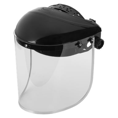 Bluewear Protective Visor to przyłbica z przezroczystego i czarnego plastiku z regulowaną opaską, zaprojektowana do użytku osobistego w warunkach przemysłowych lub medycznych.