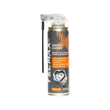 Puszka Tecmaxx do czyszczenia kontaktów o pojemności 250 ml z dyszą do sprężania i dołączoną słomką. Etykieta wskazuje go jako środek czyszczący i ochronny na styki elektryczne oraz złącza.