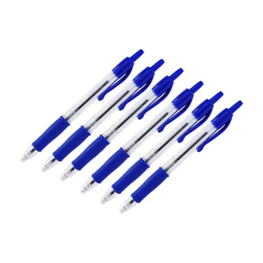 Seks blå NO-merke EMW-kulepenner fra en 6-pakning, hver med gjennomsiktige plastrør og blå grep, klips og klikkmekanismer, er plassert diagonalt i parallelle rader.