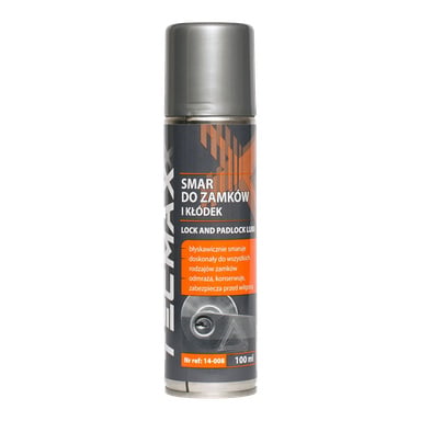 Puszka w sprayu 100 ml oleju Tecmaxx Lock Oil, z przeważnie szarym wzorem z pomarańczowymi akcentami i zdjęciem zamka drzwi na etykiecie. Puszka wyświetla informacje o produkcie w formie tekstowej.
