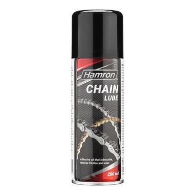 Puszka Hamron Chain o pojemności 200 ml z czarną nakrętką i etykietą z łańcuchem rowerowym, promująca formułę oleju klejowego, który smaruje łańcuchy i pomaga minimalizować tarcie oraz zużycie.