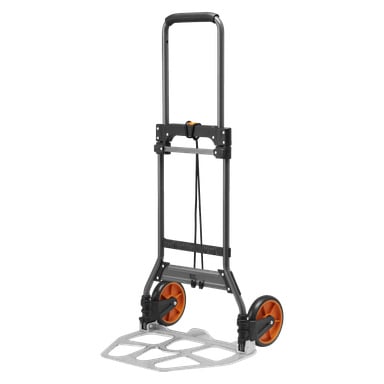 Hard Head Folding sack barrow z wydłużoną metalową podstawą, dwoma dużymi pomarańczowymi kołami i czarną rączką.
