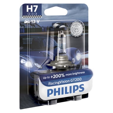 Pakkauksessa on Philips RacingVision GT200 H7 -auton ajovalolamppu, jossa on sininen urheiluautokuva, joka korostaa jopa 200 % kirkkauden kasvua, sisältää 12V-merkinnän ja esittää näkyvän Philips-brändin sekä virallisen laatuleiman.