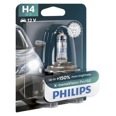 Pakkauksessa näkyy Philips X-tremeVision Pro150 -auton ajovalolamppu, mikä korostaa jopa 150 % kirkkauden kasvua. Laatikon vasemmalla puolella on osittainen kuva auton ajovalosta.