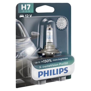 Philips Car -ajovalolamppu X-tremeVision Pro150 -pakkaus, joka korostaa jopa 150 % kirkkauden kasvua. Laatikossa on lamppu auton etukuvan vieressä.