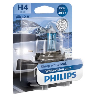 Philips WhiteVision Ultra H4 -auton ajovalolamppu on vähittäismyyntipakkauksessa, ja polttimossa on sinertävä sävy. Paketti sisältää kuvan valkoisesta autosta ja korostaa kirkasta valkoista valoa, jonka värilämpötila voi olla jopa 4200K.