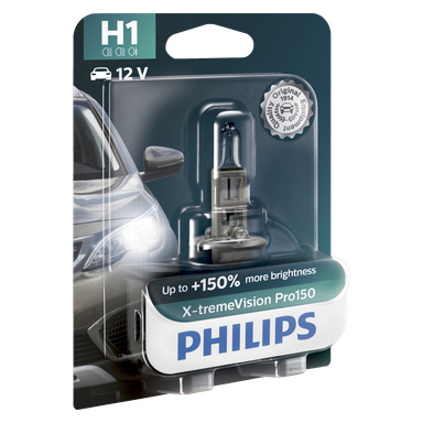 Philips X-tremeVision Pro150 H1 12V auton ajovalolamppu on esillä kirkkaassa muovipakkauksessa, jossa on kuva autosta ja teksti, joka korostaa jopa 150 % kirkkauden kasvua.