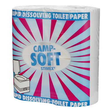 Stimex Toilet Paper 4 z szybko rozpuszczającymi się arkuszami, pokazane w niebieskim i różowym opakowaniu sunburst z małą grafiką toalety w lewym dolnym rogu.
