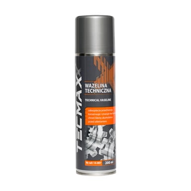 Puszka wazeliny technicznej Tecmaxx o pojemności 200 ml ze srebrną nakrętką, pomarańczowymi akcentami, grafiką o sprzęcie oraz etykietą z szczegółowymi szczegółami produktu.