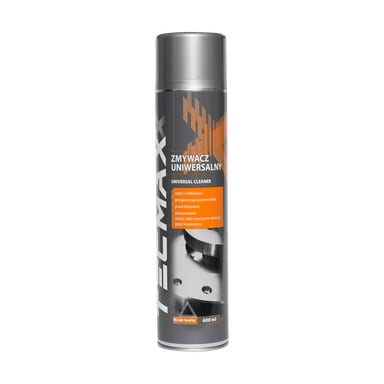 Szaro-pomarańczowa puszka sprayu oznaczona jako środek odtłuszczający Tecmaxx Universal, wraz z instrukcjami użycia. Puszka 600 ml zawiera obraz metalowej części.
