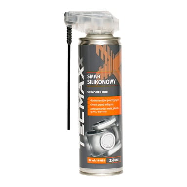 Puszka silikonowego sprayu Tecmaxx o pojemności 250 ml z naklejką na słomkę, z etykietą informującą, że można go stosować na metalu, plastiku, gumie i drewnie.