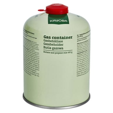 En silverfärgad Kayoba Gas-behållare med ett rött lock, som visar en etikett som anger att den innehåller 450 g blandning av butan och propan. Etiketten innehåller säkerhetsriktlinjer och produktdetaljer.